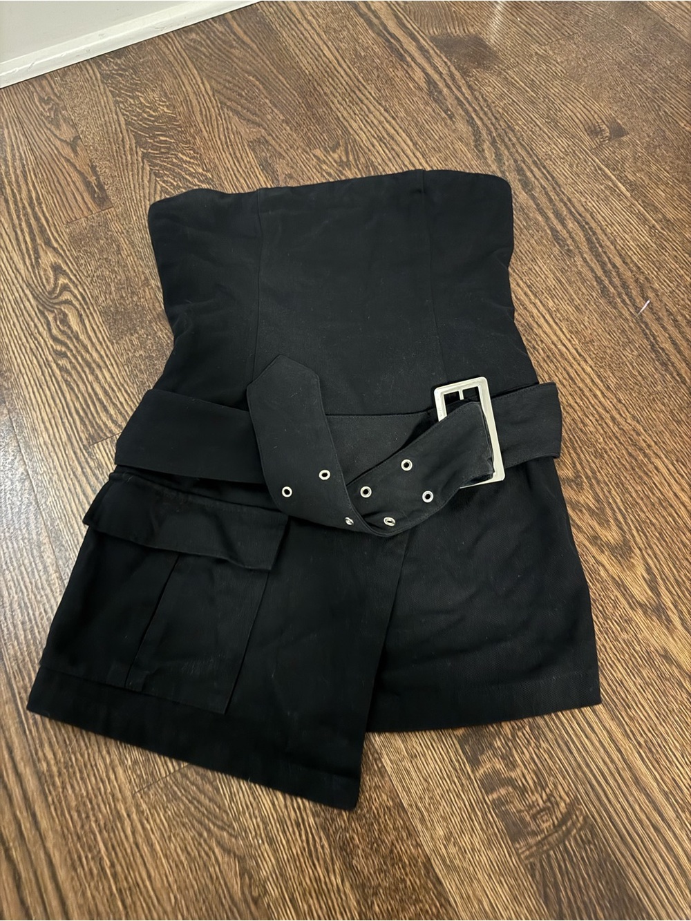 Peppermayo Black Strapless Mini Dress with Belt Detail